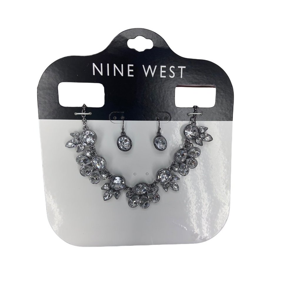 Nine West White Rhinestone Necklace Set Silver Tone Fish‎ Hook Earrings Prom